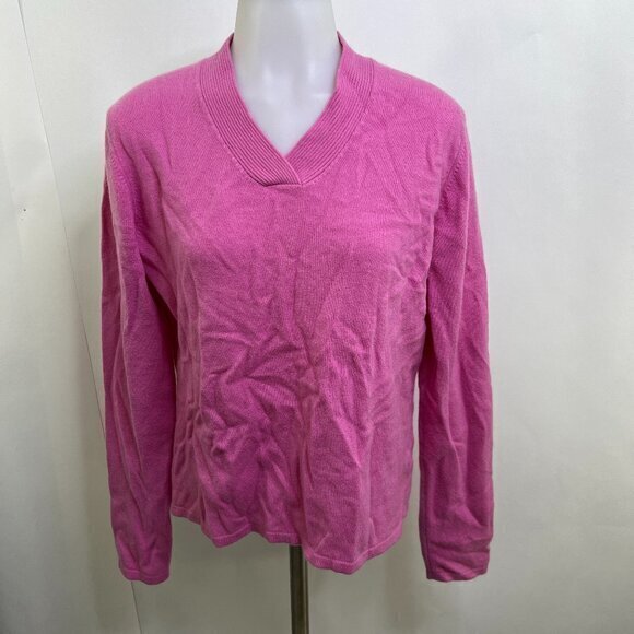 Hanna Andersson Sweater M Pink 100% Cashmere V-neck Long Sleeve Solid Barbiecore - Picture 1 of 13